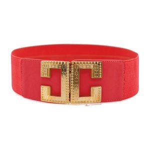 New Women Coral Pink Red Elastic Wide Fashion Belt Gold Metal C Buckle Size S M